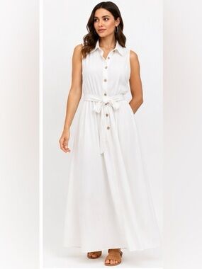 AZ NWT White Sleeveless Belted Button Front Maxi Dress S/M